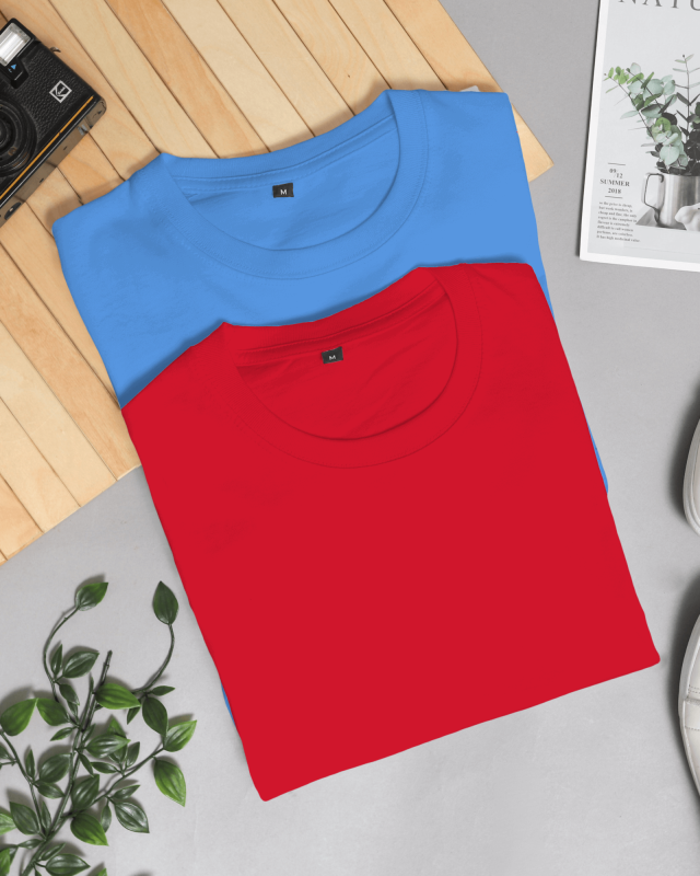 Plain Combo T-Shirt- Sky Blue & Red